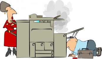 cartoon of copy machine service with equipment on fire